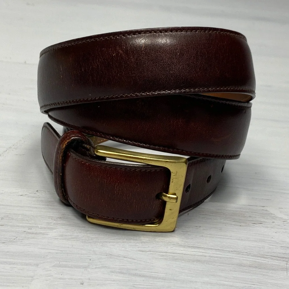 Trafalgar Cortina Belt Mens 36 Brown Leather Brass Buckle Handmade USA Dress 171